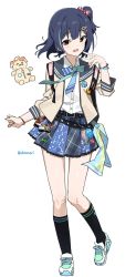 Rule 34 | 1girl, backpack, bag, belt, black socks, blue hair, bracelet, buttons, charm (object), clenched hand, full body, grin, hair ornament, hair ribbon, hairclip, highres, idolmaster, idolmaster shiny colors, jewelry, morino rinze, multicolored nails, multiple belts, nail polish, necktie, open clothes, open vest, pink bag, pointing, pointing at self, ponytail, red eyes, ribbon, shisoneri, shoes, short hair, short ponytail, sideways glance, signature, simple background, smile, sneakers, socks, solo, striped necktie, striped neckwear, studded belt, stuffed toy, vest, white background