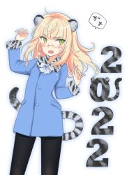 Rule 34 | 1girl, 2022, animal ears, aohashi ame, black pantyhose, blonde hair, blue coat, blunt bangs, blush, bow, bowtie, chinese zodiac, coat, commentary, fang, fur-trimmed coat, fur trim, highres, long hair, long sleeves, looking at viewer, new year, pantyhose, perrine h. clostermann, rimless eyewear, skin fang, solo, standing, strike witches, sweatdrop, tail, tiger ears, tiger tail, translated, white bow, white bowtie, world witches series, year of the tiger, yellow eyes