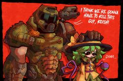 Rule 34 | 1boy, 1girl, armor, black eyes, black hat, blouse, bow, buttons, crossover, diamond button, doom (series), doom eternal, doomguy, elemenopii, english text, frilled shirt collar, frills, gauntlets, green hair, green skirt, hand on another&#039;s head, hat, hat bow, hat ribbon, heart, heart of string, highres, i think we&#039;re gonna have to kill this guy steven (meme), komeiji koishi, meme, power armor, praetor suit, red background, ribbon, shirt, skirt, third eye, touhou, upper body, wide sleeves, yellow bow, yellow ribbon, yellow shirt