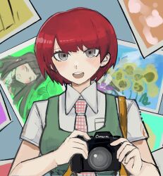 Rule 34 | 1girl, 2girls, :d, blush, breast pocket, breasts, brown eyes, camera, close-up, closed eyes, commentary, danganronpa (series), danganronpa 2: goodbye despair, dress, dress shirt, eyelashes, gingham necktie, green dress, grey background, highres, holding, holding camera, koizumi mahiru, looking at viewer, medium breasts, multiple girls, necktie, open mouth, photo (object), pinafore dress, pocket, pointing, pointing at viewer, portrait, red hair, red necktie, ringed eyes, round teeth, school nurse, school uniform, shirt, short hair, short sleeves, sleeveless, sleeveless dress, smile, solo, square pupils, straight-on, taking picture, teeth, tsumiki mikan, two-tone necktie, upper body, upper teeth only, very short hair, white necktie, white shirt, yuni ro
