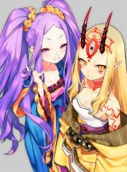 Rule 34 | 2girls, bare shoulders, blonde hair, breasts, cleavage, eyebrows, fate/grand order, fate (series), grey background, hokora (n70), horns, ibaraki douji (fate), japanese clothes, long hair, looking at viewer, multiple girls, oni, oni horns, pointy ears, purple eyes, purple hair, simple background, smile, smirk, tattoo, twintails, wu zetian (fate), wu zetian (first ascension) (fate), yellow eyes