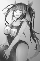 Rule 34 | + +, 10s, 1girl, :d, a430dp, breasts, cleavage, collarbone, female focus, gradient background, greyscale, hair ornament, hair ribbon, i-19 (kancolle), kantai collection, large breasts, long hair, monochrome, name tag, one-piece swimsuit, open mouth, ribbon, school swimsuit, sitting, smile, solo, star-shaped pupils, star (symbol), swimsuit, symbol-shaped pupils, twintails