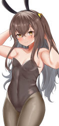 Rule 34 | 1girl, absurdres, alternate costume, animal ears, armpits, arms up, bare arms, bare shoulders, black hairband, blush, breasts, brown hair, brown leotard, brown pantyhose, closed mouth, collarbone, commentary request, covered navel, cowboy shot, fake animal ears, girls&#039; frontline, hairband, hako reeema, hands in hair, highres, leotard, long hair, one side up, pantyhose, playboy bunny, rabbit ears, scar, scar on face, sidelocks, simple background, small breasts, smile, solo, strapless, strapless leotard, ump45 (girls&#039; frontline), white background, yellow eyes