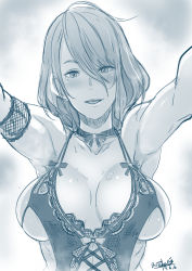Rule 34 | 1girl, armband, armpits, blue theme, butcha-u, choker, commentary request, dated, dead or alive, dead or alive xtreme venus vacation, greyscale, hair between eyes, highres, looking at viewer, medium hair, mole, mole under eye, monochrome, one-piece swimsuit, pov, ribbon choker, signature, sketch, solo, spaghetti strap, sweat, swimsuit, tamaki (doa)