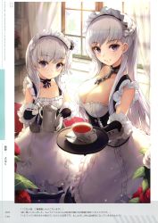 Rule 34 | 2girls, absurdres, aged down, apron, azur lane, belfast (azur lane), blue eyes, blush, braid, breasts, chain, cleavage, collar, collarbone, cup, day, dress, flower pot, french braid, frills, glint, gloves, highres, holding, holding saucer, holding teapot, huge filesize, indoors, large breasts, little bel (azur lane), long hair, looking at viewer, maid, maid headdress, multiple girls, neck ribbon, ribbon, saucer, scan, smile, sparkle, tea, teacup, teapot, vase, white gloves, white hair, window, yohaku