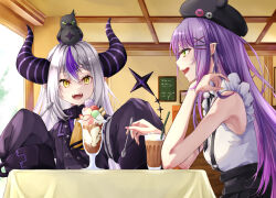 Rule 34 | 2girls, animal, animal on head, asahi tsujino, ascot, bare shoulders, bird, bird on head, black horns, braid, braided bangs, collar, crow (la+ darknesss), cup, drinking glass, drinking straw, ear piercing, fake horns, fangs, food, green eyes, grey hair, highres, holding, holding spoon, hololive, horned headwear, horns, la+ darknesss, la+ darknesss (1st costume), looking at another, metal collar, multicolored hair, multiple girls, nail polish, official alternate costume, on head, parfait, piercing, pointy ears, purple hair, shirt, skirt, sleeves past fingers, sleeves past wrists, spoon, streaked hair, striped horns, suspender skirt, suspenders, tokoyami towa, tokoyami towa (jirai kei), virtual youtuber, white shirt, yellow ascot, yellow eyes