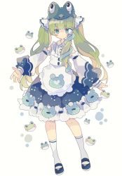 Rule 34 | 1girl, :|, alternate hair length, alternate hairstyle, apron, blue footwear, blue skirt, blunt bangs, blush, closed mouth, collared shirt, commentary, detached sleeves, frilled skirt, frills, frog hat, full body, green eyes, green hair, green headwear, hair ornament, hair ribbon, hair tubes, highres, kochiya sanae, long hair, looking at viewer, maid, maid apron, nikorashi-ka, outstretched arms, ribbon, shirt, shoes, simple background, single sidelock, skirt, sleeve cuffs, sleeveless, sleeveless shirt, snake hair ornament, socks, solo, symbol-only commentary, touhou, twintails, very long hair, white background, white ribbon, white shirt, white sleeves, white socks