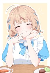 Rule 34 | 1girl, ahoge, apron, blonde hair, blue bow, blue bowtie, blue dress, blue ribbon, blush, border, bow, bowtie, closed eyes, closed mouth, commentary request, cup, cure mumu, dress, eating, food, food on face, frilled apron, frills, hair ribbon, hand on own cheek, hand on own face, hands up, head rest, highres, indie virtual youtuber, lawson, notice lines, official alternate costume, official alternate hairstyle, plate, pom pom (clothes), puffy short sleeves, puffy sleeves, ribbon, ribbon braid, shigure ui (vtuber), short hair, short sleeves, short twintails, simple background, smile, solo, striped bow, striped bowtie, striped clothes, table, tea, teacup, twintails, virtual youtuber, wavy mouth, white apron, white border, yellow background