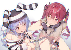 Rule 34 | 2girls, absurdres, bare arms, between legs, blue hair, blush, bound together, breasts, chain, collar, collar tug, cuffs, dress, drill hair, hair ribbon, hand between legs, highres, hololive, houshou marine, koubou (cowbow kun), linked collar, long hair, long sleeves, looking at another, medium breasts, metal collar, multicolored hair, multiple girls, open mouth, parted lips, red eyes, red hair, ribbon, streaked hair, striped clothes, striped dress, striped headwear, thick eyebrows, torn clothes, torn dress, twin drills, twintails, usada pekora, usada pekora (prisoner), virtual youtuber, white background, white hair, yellow eyes