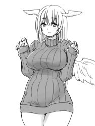 Rule 34 | 1girl, breasts, commentary request, final fantasy, final fantasy tactics, greyscale, groin, head wings, large breasts, long hair, monochrome, solo, steepled fingers, sweater, takomeshi, ultima (fft), wings