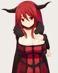 Rule 34 | 10s, 1girl, blush, breast hold, breasts, cleavage, dress, fur trim, grey background, hand on breast, hand on own chest, highres, horns, large breasts, long hair, long sleeves, maou (maoyuu), maoyuu maou yuusha, red eyes, red hair, sawati, sidelocks, smile, solo, transparent background