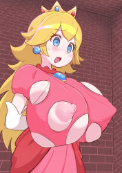 Rule 34 | 1girl, absurdres, arms behind back, blonde hair, blue eyes, blush, breast expansion, breasts, brick wall, brooch, bursting breasts, covered erect nipples, crown, dress, earrings, elbow gloves, eyelashes, furrowed brow, gloves, highres, huge breasts, indoors, jewelry, kukaninugi, long hair, looking down, mario (series), nintendo, nipples, open mouth, pink dress, princess, princess peach, puffy short sleeves, puffy sleeves, short sleeves, solo, super mario bros. 1, sweat, torn clothes, torn dress, white gloves
