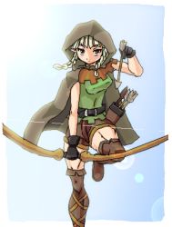 Rule 34 | 1girl, arrow (projectile), belt, boots, bow (weapon), braid, cloak, dragon&#039;s crown, elf, elf (dragon&#039;s crown), gloves, hood, petite, pointy ears, shorts, solo, thigh boots, thighhighs, twin braids, twintails, vanillaware, weapon