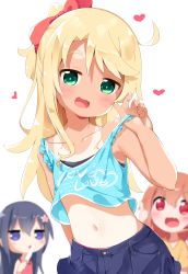 Rule 34 | 3girls, :d, absurdres, bare arms, bare shoulders, black hair, blonde hair, blue eyes, blurry, blurry background, bow, brown hair, child, clothes writing, collarbone, commentary request, food, green eyes, hair bow, heart, highres, himesaka noa, hoshino hinata, long hair, looking at viewer, makuran, midriff, multiple girls, navel, one-piece tan, open mouth, popsicle, red bow, red eyes, shirosaki hana, short ponytail, simple background, smile, tan, tanline, watashi ni tenshi ga maiorita!, white background