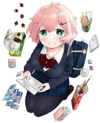 Rule 34 | 1girl, bacon, bag, bag charm, baozi, black pantyhose, bow, bowl, breasts, card, cardigan, cartridge, charm (object), dansan joshi, dress shirt, egg (food), food, food-themed hair ornament, food-themed ornament, green eyes, hair ornament, hairclip, handbag, handheld game console, handkerchief, kneeling, large breasts, looking at viewer, looking up, memory card, mizu asato, mushroom, nintendo 3ds, nintendo ds, official art, package, pantyhose, pink hair, playing games, pleated skirt, pocky, rice, rice bowl, school bag, school uniform, shirt, simple background, skirt, smile, snack, solo, sunny side up egg, trading card, white background, zukeran (dansan joshi)