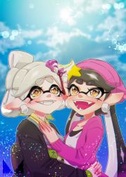 Rule 34 | + +, 2girls, :d, beanie, black hair, blue sky, blush, callie (splatoon), chichi band, cloud, collarbone, day, earrings, furisode, grey hair, grin, hair ribbon, hat, hug, inkling, jacket, japanese clothes, jewelry, kimono, lens flare, light particles, long hair, long sleeves, looking away, looking up, marie (splatoon), mole, mole under eye, multiple girls, nintendo, obi, open clothes, open jacket, open mouth, outdoors, pink hat, pointy ears, red ribbon, ribbon, sash, shirt, sky, smile, splatoon (series), splatoon 2, star (symbol), teeth, tentacle hair, twintails, upper body, white shirt, yellow eyes
