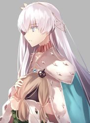 Rule 34 | 1girl, anastasia (fate), blue eyes, cape, crown, doll, dress, fate/grand order, fate (series), from side, grey background, hair between eyes, hairband, holding, holding doll, jewelry, long hair, minamina, mini crown, royal robe, silver hair, simple background, solo, standing, very long hair