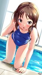 Rule 34 | 1girl, artist name, blue one-piece swimsuit, bow, breasts, brown eyes, brown hair, collarbone, competition swimsuit, covered navel, cowboy shot, dated, female focus, hair bow, highleg, highleg swimsuit, highres, idolmaster, idolmaster cinderella girls, indoors, one-piece swimsuit, pool, pool ladder, poolside, rei no pool, skindentation, small breasts, solo, sunlight, swimsuit, tachibana arisu, tsuchimiya, wet, wet clothes, wet swimsuit, window
