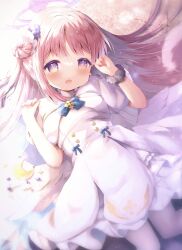 Rule 34 | 1girl, absurdres, black scrunchie, blue archive, blush, capelet, commentary request, crescent, dress, feathered wings, flower, frilled dress, frills, hair bun, hair flower, hair ornament, halo, hands up, haru ichigo, highres, long hair, looking at viewer, low wings, mika (blue archive), open mouth, pantyhose, pink hair, purple eyes, purple flower, scrunchie, single side bun, solo, very long hair, white capelet, white pantyhose, white wings, wings, wrist scrunchie