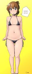 Rule 34 | 1girl, ahoge, bikini, black bikini, blush, breasts, breasts apart, brown eyes, brown hair, character request, collarbone, commentary request, copyright request, dot nose, full body, gradient background, hair between eyes, head tilt, highres, looking at viewer, medium hair, navel, parted lips, shadow, shigekikkusu, side-tie bikini bottom, sidelocks, signature, solo, speech bubble, standing, string bikini, swimsuit, tareme, translation request, yellow background