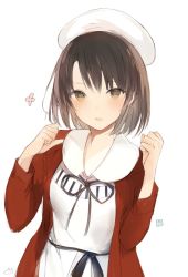 Rule 34 | 1girl, beret, black ribbon, blush, brown eyes, brown hair, casual, clenched hands, commentary request, dress, flower, hat, jacket, katou megumi, long sleeves, looking at viewer, lpip, open clothes, open jacket, pointing, pointing at self, red jacket, ribbon, saenai heroine no sodatekata, short hair, simple background, sketch, solo, tsurime, upper body, white background, white dress, white hat