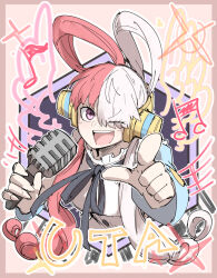 Rule 34 | 1girl, :d, black ribbon, headphones, holding, holding microphone, kankan33333, looking at viewer, microphone, multicolored hair, neck ribbon, one eye closed, one piece, one piece film: red, open mouth, pointing, pointing at viewer, purple eyes, red hair, ribbon, smile, solo, split-color hair, studio microphone, two-tone hair, uta (one piece), white hair
