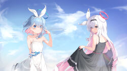 Rule 34 | 2girls, absurdres, alternate costume, arm behind back, arona (blue archive), bare shoulders, black dress, black eyes, black hairband, blue archive, blue eyes, blue hair, blue halo, blue ribbon, blue sky, blush, braid, choker, closed mouth, cloud, colored inner hair, commentary, cowboy shot, dress, grabbing own hair, hair over one eye, hair ribbon, hairband, halo, hand up, highres, holding, holding own hair, long hair, looking at viewer, looking back, multicolored hair, multiple girls, naretsuro, off shoulder, pink hair, pink halo, plana (blue archive), ribbon, short hair, side braid, skirt hold, sky, smile, standing, streaked hair, sundress, very long hair, white choker, white dress, white hair, white ribbon
