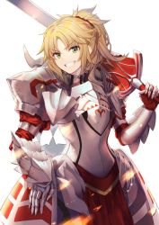 Rule 34 | 1girl, a.t. zero, armor, blonde hair, braid, breastplate, clarent (fate), commentary request, fate/grand order, fate (series), french braid, gauntlets, green eyes, grin, hair ornament, hair scrunchie, highres, mordred (fate), mordred (fate/apocrypha), pauldrons, red scrunchie, scrunchie, shoulder armor, sidelocks, smile, solo, standing, sword, weapon, white background