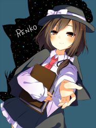 Rule 34 | 1girl, bad id, bad pixiv id, black bow, black skirt, blush, bow, brown eyes, brown hair, capelet, character name, closed mouth, collared shirt, cowboy shot, hair bow, hat, hat bow, karasusou nano, long hair, long sleeves, looking at viewer, necktie, red necktie, shirt, sidelocks, skirt, smile, solo, touhou, usami renko, white bow, white shirt