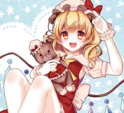 Rule 34 | 1girl, :d, animal ears, bear ears, blonde hair, blue background, body blush, bow, collared shirt, colored skin, commentary request, doll, eyelashes, fake animal ears, fang, feet out of frame, flandre scarlet, frilled shirt collar, frilled skirt, frills, gem, hand up, hat, hat bow, heart, heart background, highres, holding, holding doll, looking at viewer, medium hair, mini hat, mob cap, mumu-crown, open mouth, puffy short sleeves, puffy sleeves, red bow, red skirt, red vest, sash, shiny skin, shirt, short sleeves, sitting, skirt, skirt set, smile, solo, star (symbol), starry background, stuffed animal, stuffed toy, teddy bear, teeth, tongue, touhou, upper teeth only, vest, white shirt, white skin, wings, wrist cuffs, yellow eyes