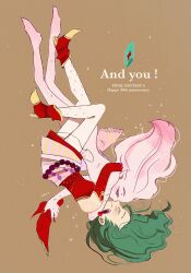 Rule 34 | 2girls, anniversary, closed eyes, colored skin, commentary request, dress, dual persona, earrings, english text, final fantasy, final fantasy vi, gold trim, green hair, high heels, highres, hug, jewelry, long hair, multiple girls, no shoes, ooooo26task13, red dress, red footwear, tina branford, trance terra branford, white skin
