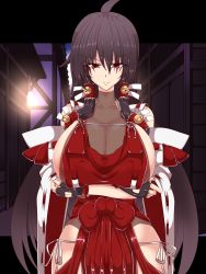 Rule 34 | 1girl, areola slip, black hair, breast hold, breasts, cleavage, collarbone, covered erect nipples, crossed arms, fingerless gloves, fundoshi, gloves, highres, huge breasts, japanese clothes, large areolae, legs, long hair, miko, no bra, red eyes, sendai hakurei no miko, simple background, smile, solo, standing, sweatdrop, thighs, tonyman plus, touhou, twintails