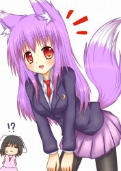 Rule 34 | !?, 2girls, animal ears, between breasts, blush, breasts, carrot, carrot necklace, female focus, fox ears, fox tail, hestia, hestia (neko itachi), inaba tewi, jewelry, kemonomimi mode, leaning forward, light purple hair, looking at viewer, medium breasts, multiple girls, necklace, necktie, pantyhose, pendant, pleated skirt, pun, rabbit ears, red eyes, red necktie, reisen udongein inaba, skirt, smile, tail, touhou