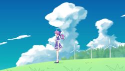 Rule 34 | 1girl, animated, blue dress, blue footwear, blue hair, blue ribbon, blue sky, blush, bow, breasts, cleavage, closed eyes, closed mouth, cloud, cloudy sky, colored inner hair, commentary request, day, dress, frilled dress, frills, grass, hair ribbon, highres, hololive, long hair, minato aqua, minato aqua (1st costume), multicolored hair, outdoors, puffy short sleeves, puffy sleeves, purple eyes, purple hair, ribbon, shoes, short sleeves, sky, small breasts, smile, solo, standing, twintails, two-tone hair, ugoira, video, virtual youtuber, white bow, wind, wind turbine, windmill, wrist cuffs, x-6