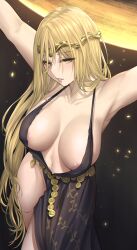 Rule 34 | 1girl, absurdres, areola slip, armpits, arms up, bare shoulders, black background, black dress, blonde hair, breasts, circlet, cleavage, dress, elden ring, from above, halterneck, highres, kurone rinka, large breasts, long hair, parted lips, queen marika the eternal, revealing clothes, solo, thighs, very long hair, yellow eyes