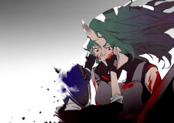 Rule 34 | 2girls, akagine sansu, arknights, armor, black shirt, blood, blood on clothes, blood on face, blue hair, ch&#039;en (arknights), commentary request, crying, crying with eyes open, dragon horns, fading, fingerless gloves, gloves, green hair, highres, horns, hoshiguma (arknights), long hair, looking at another, low tied hair, low twintails, multiple girls, open mouth, red eyes, shirt, single horn, skin-covered horns, sleeveless, sleeveless shirt, tears, twintails