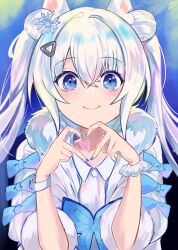 Rule 34 | 1girl, absurdres, blue background, blue eyes, blue ribbon, blush, bug, butterfly, goddess of victory: nikke, hadu oekaki, hair ornament, heart, heart hands, highres, insect, jacket, looking at viewer, n102 (miracle fairy) (nikke), n102 (nikke), ribbon, shirt, smile, snowflake hair ornament, snowflakes, solo, twintails, white hair, white jacket, white shirt