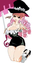 Rule 34 | 1girl, absurdres, artist name, bare legs, black dress, black eyes, black hat, blunt bangs, breasts, cleavage, curvy, dress, frilled dress, frills, full body, hat, highres, large breasts, legs up, long hair, one piece, parasol, perona, pink hair, reaching, reaching towards viewer, shadow, shiny skin, shoes, simple background, sleeveless, sleeveless dress, solo, strapless, strapless dress, umbrella, very long hair, white background, whoopsatro, wide hips