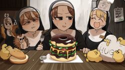 Rule 34 | 4girls, :&lt;, :d, ^ ^, bird, blonde hair, blue eyes, body writing, brown eyes, brown hair, burger, chef hat, chicken, closed eyes, clumsy nun (diva), commentary, diva (hyxpk), doughnut, duck, duckling, english commentary, eyewear on head, food, fork, froggy nun (diva), glasses, glasses nun (diva), habit, hat, hedgehog, highres, hungry nun (diva), little nuns (diva), multiple girls, nun, open mouth, poster (object), round eyewear, smile, squinting, sweat, traditional nun