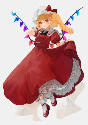 Rule 34 | 1girl, artist name, black neckwear, blonde hair, bobby socks, bow, brooch, commentary, crystal, flandre scarlet, full body, gotou (nekocat), grey background, hat, hat bow, highres, jewelry, long hair, looking at viewer, mob cap, pointy ears, puffy short sleeves, puffy sleeves, red bow, red eyes, red footwear, red shirt, red skirt, shirt, shoes, short sleeves, side ponytail, skirt, skirt hold, smile, socks, solo, touhou, white hat, white socks, wings, wrist cuffs