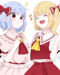 Rule 34 | 2girls, :d, ^ ^, ascot, bat wings, blonde hair, blue hair, blush, bow, brooch, closed eyes, commentary request, cowboy shot, crystal, dress, eighth note, esatongi, flandre scarlet, frilled shirt collar, frills, hair bow, hand up, jewelry, multiple girls, musical note, no headwear, one side up, open mouth, pink dress, pointy ears, puffy short sleeves, puffy sleeves, red ascot, red bow, red eyes, red sash, red skirt, red vest, remilia scarlet, sash, shirt, short hair, short sleeves, siblings, simple background, sisters, skirt, skirt set, smile, sparkle, touhou, v-shaped eyebrows, vest, white background, white shirt, wings, yellow ascot