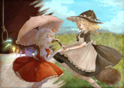 Rule 34 | 2girls, apron, ascot, back bow, black dress, black headwear, blonde hair, bloomers, blue sky, bow, braid, breasts, broom, broom riding, crystal, dress, feet out of frame, flandre scarlet, fleuriste, frilled apron, frilled shirt collar, frilled socks, frilled umbrella, frills, from side, glowing, glowing wings, hat, hat bow, hat ribbon, highres, holding, holding umbrella, kirisame marisa, looking at another, maid apron, medium hair, multicolored wings, multiple girls, noose, outdoors, pointy ears, puffy short sleeves, puffy sleeves, red skirt, red vest, ribbon, shirt, short sleeves, single braid, skirt, sky, small breasts, socks, touhou, umbrella, underwear, vest, white apron, white bloomers, white bow, white ribbon, white shirt, white socks, white umbrella, wings, witch hat, yellow ascot