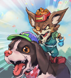 Rule 34 | 1boy, animal, belt, blue gloves, body fur, bowl, brown eyes, brown fur, cats vs dogs kled, clenched hand, cloud, dog, eyepatch, food, gloves, green pants, kled, league of legends, official alternate costume, open mouth, outdoors, pants, phantom ix row, plaid, plaid scarf, pointy ears, red scarf, scarf, skaarl, teeth, tongue, white belt, yordle