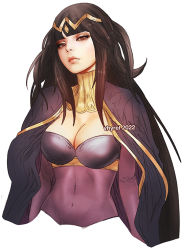 Rule 34 | 1girl, artist name, black cape, black hair, bodystocking, breasts, brown eyes, cape, circlet, cleavage, closed mouth, commentary, commission, covered navel, cropped torso, english commentary, fire emblem, fire emblem awakening, gold trim, jewelry, large breasts, lips, long hair, looking at viewer, nintendo, simple background, skin tight, solo, tharja (fire emblem), two side up, vhyrel, white background