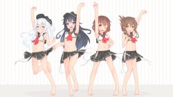 Rule 34 | 10s, 4girls, adapted costume, akatsuki (kancolle), alternate costume, armpits, bandana, bare shoulders, barefoot, black hair, brown eyes, brown hair, cheering, cheerleader, clenched hand, clenched hands, flat cap, grey eyes, hair ornament, hair ribbon, hairband, hat, unworn hat, unworn headwear, hibiki (kancolle), highres, ikazuchi (kancolle), inazuma (kancolle), kantai collection, long hair, midriff, multiple girls, navel, neckerchief, pleated skirt, ribbon, sailor collar, sakurea, short hair, skirt, striped, striped background, v, white hair