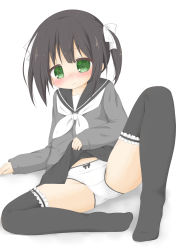 Rule 34 | 1girl, black hair, black sailor collar, black skirt, black thighhighs, blush, borrowed character, bow, bow panties, closed mouth, frilled thighhighs, frills, green eyes, grey shirt, hair bow, highres, lifting own clothes, long sleeves, neckerchief, no shoes, nose blush, original, panties, pleated skirt, ri-net, sailor collar, school uniform, serafuku, shadow, shirt, skirt, sleeves past wrists, solo, spread legs, thighhighs, twintails, underwear, wavy mouth, white background, white bow, white neckerchief, white panties