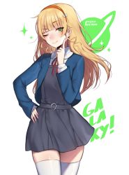 Rule 34 | 1girl, blonde hair, blue jacket, blunt bangs, blush, bow, closed mouth, cowboy shot, dress, floating hair, green eyes, grey dress, hair bow, hairband, hand on own hip, hand up, heanna sumire, index finger raised, jacket, looking at viewer, love live!, love live! superstar!!, one eye closed, open clothes, open jacket, pinafore dress, short dress, skindentation, sleeveless dress, smile, solo, terupancake, thighhighs, twitter username, white bow, white thighhighs, zettai ryouiki
