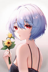 Rule 34 | 1girl, absurdres, ayanami rei, bare shoulders, blue hair, flower, from behind, gradient background, grey background, highres, holding, holding flower, light particles, looking at viewer, looking back, neon genesis evangelion, parted lips, red eyes, short hair, sleeveless, solo, upper body, usagi (786113654), white background, yellow flower