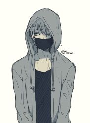 Rule 34 | 1boy, black shirt, covering own mouth, hakuri, highres, hood, hoodie, mask, mouth mask, onii-san (sachi-iro no one room), sachi-iro no one room, shirt, simple background, solo, wet, wet hair, white background, white hair