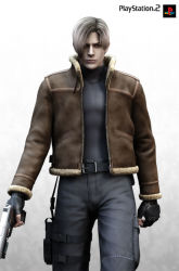 Rule 34 | 1boy, 3d, belt, blonde hair, capcom, curtained hair, fingerless gloves, fur trim, gloves, gun, h&amp;k usp, jacket, leon s. kennedy, male focus, official art, resident evil, resident evil 4, ruger p, s&amp;w sd, s&amp;w sigma, silver ghost, solo, weapon
